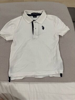 White Polo with Navy Logo and Trim